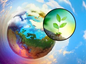 sfondo pianeta terra colorato e tondo con foglia simbolo di vita