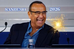 Carlo Conti, scritta Sanremo 2026 e scoppio luminoso