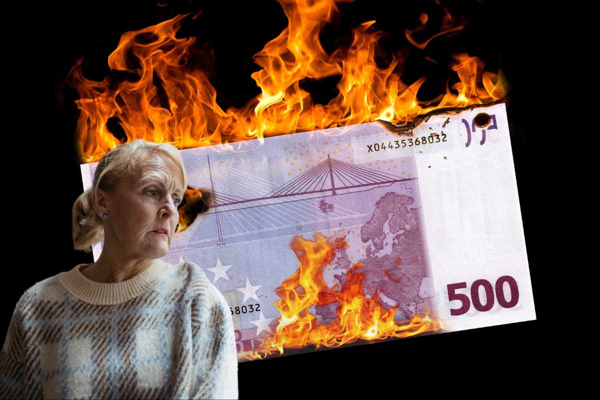 soldi che bruciano e pensionata che guarda triste